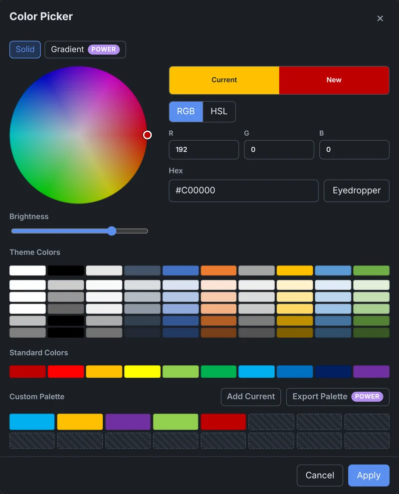Color picker with a color wheel, brightness slider, theme colors, standard colors, and a custom palette