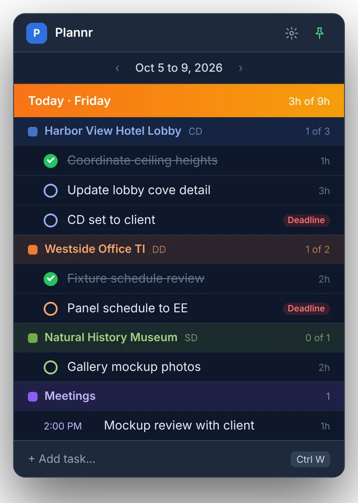 Pinned Weekly widget showing today's tasks grouped by project with hours